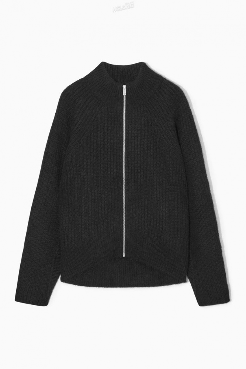 Black COS Alpaca-Blend Zip-Up Cardigan | WK11-L1CU