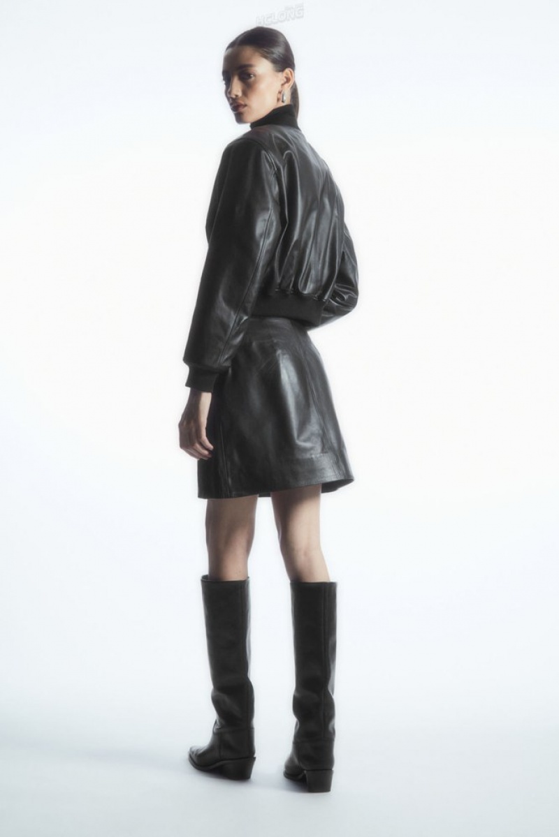 Black COS AppliquéD Leather Mini Skirt | JI47-Z3LQ