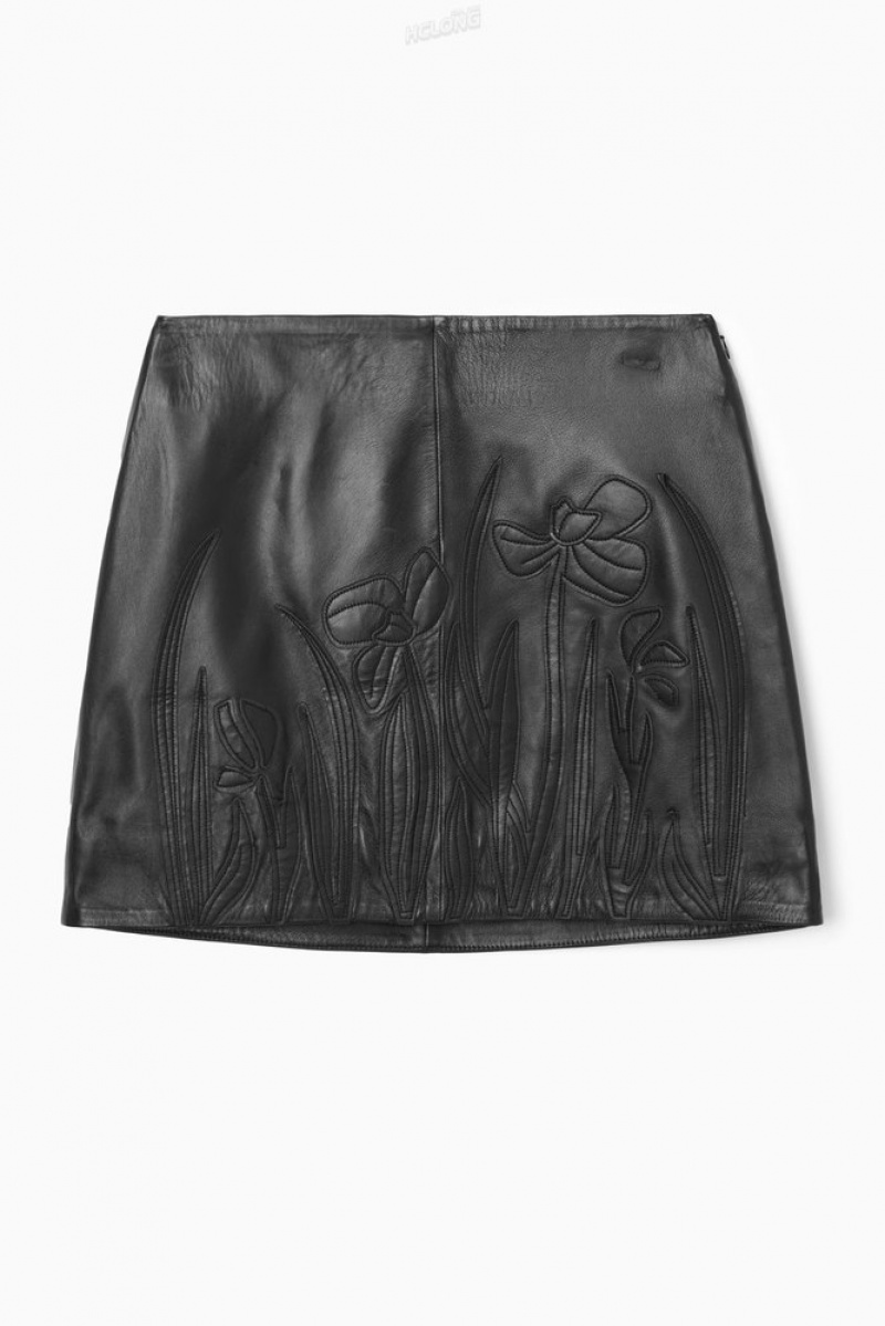 Black COS AppliquéD Leather Mini Skirt | JI47-Z3LQ