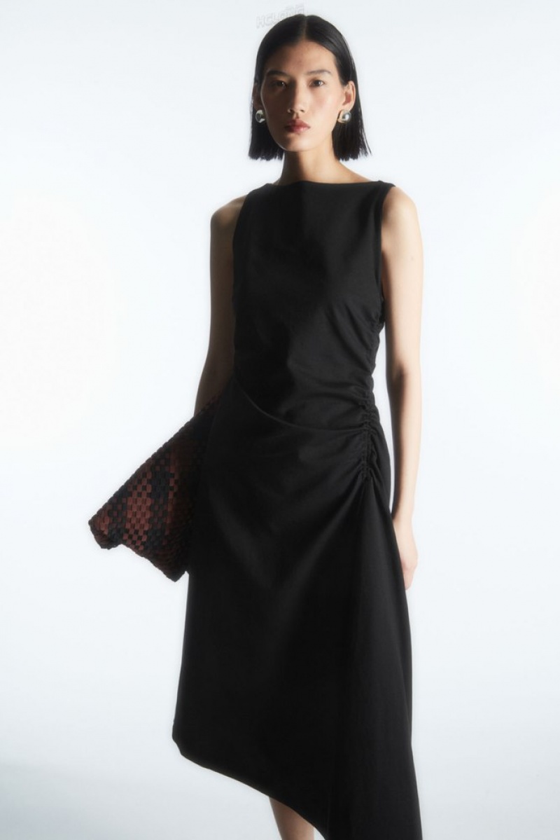 Black COS Asymmetric Gathered Midi Dress | RV10-S5TK