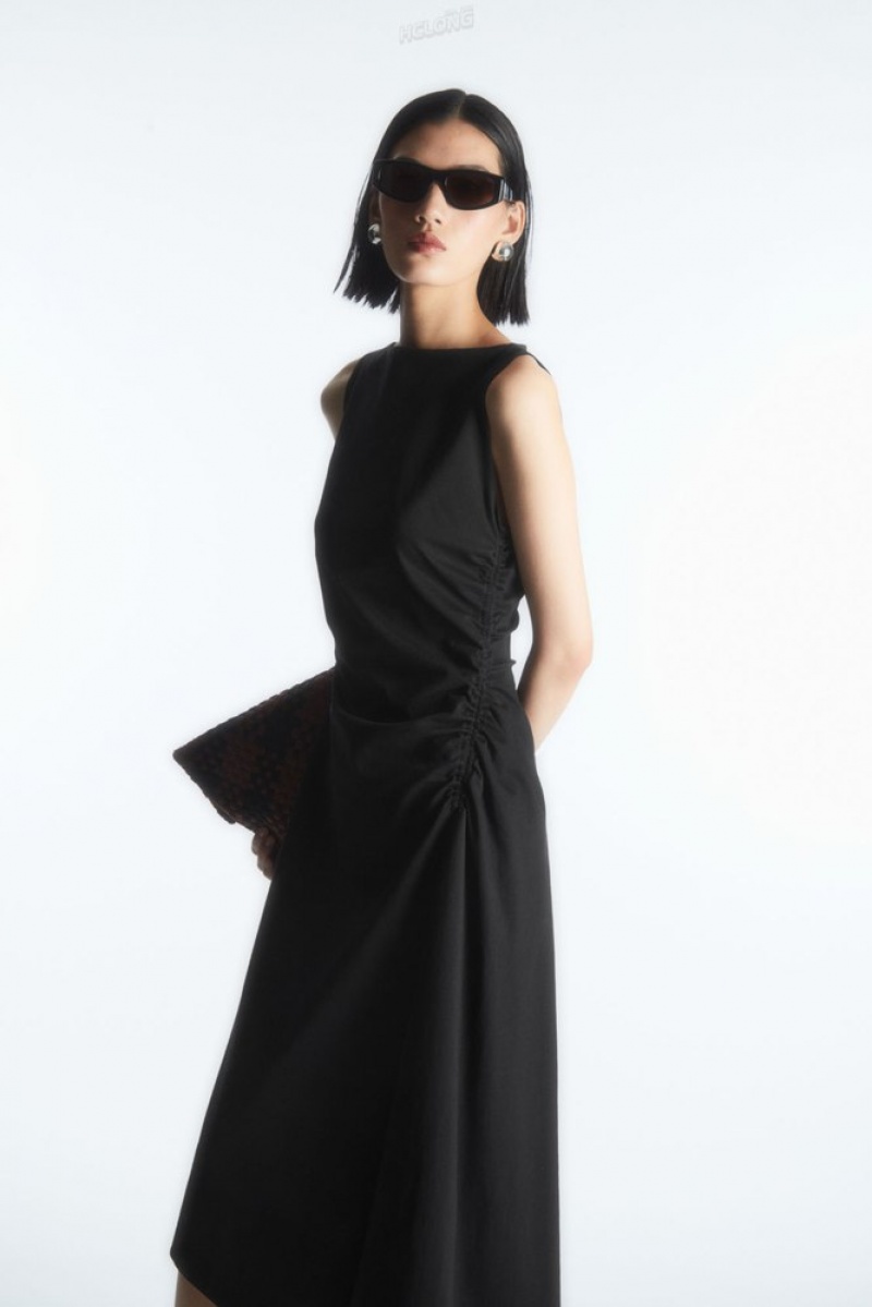 Black COS Asymmetric Gathered Midi Dress | RV10-S5TK