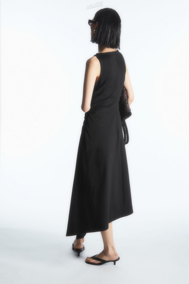 Black COS Asymmetric Gathered Midi Dress | RV10-S5TK