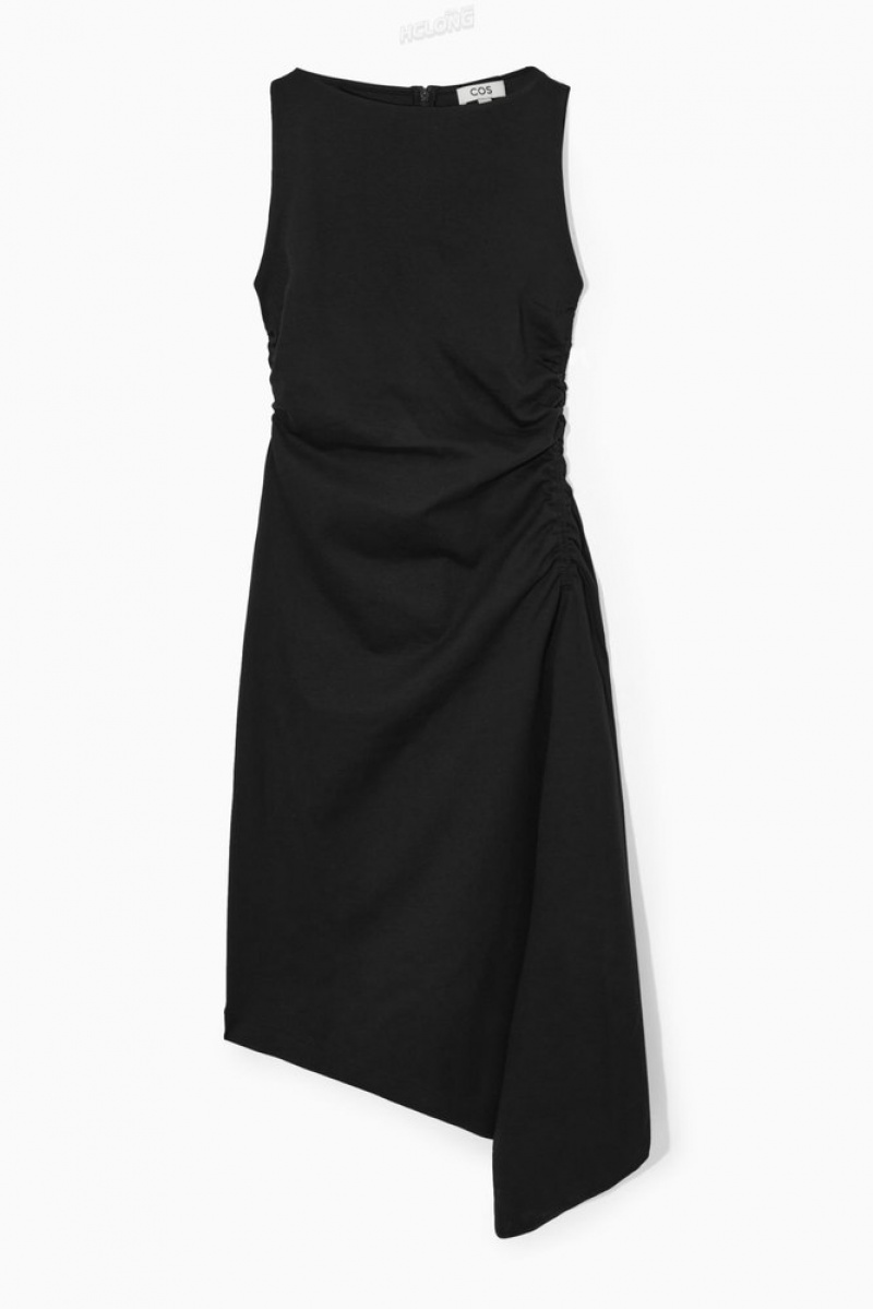 Black COS Asymmetric Gathered Midi Dress | RV10-S5TK