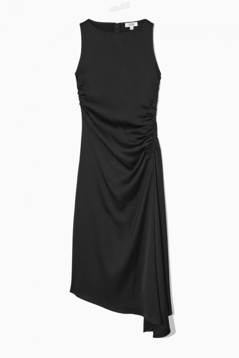 Black COS Asymmetric Gathered Satin Midi Dress | NB21-X5DI