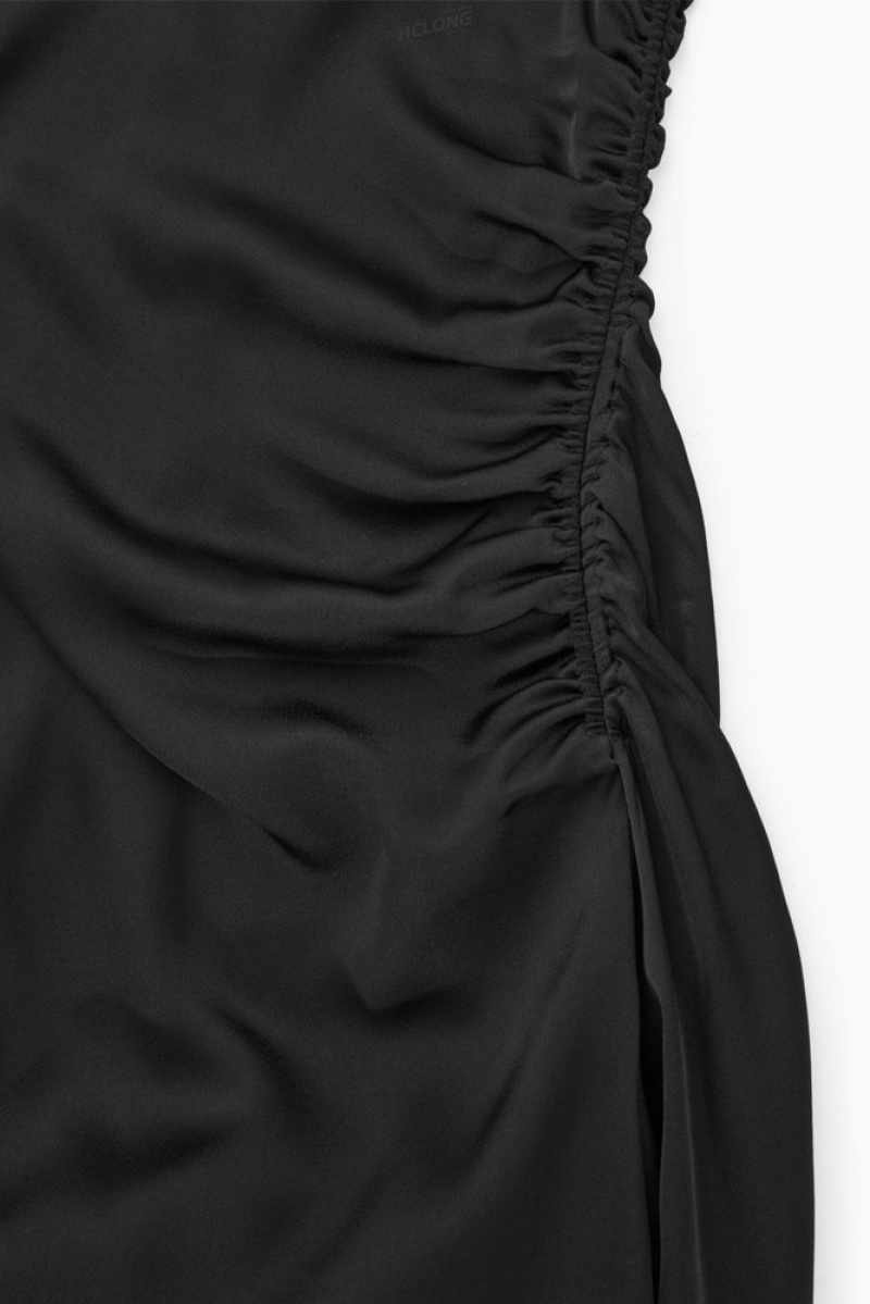 Black COS Asymmetric Gathered Satin Midi Dress | NB21-X5DI