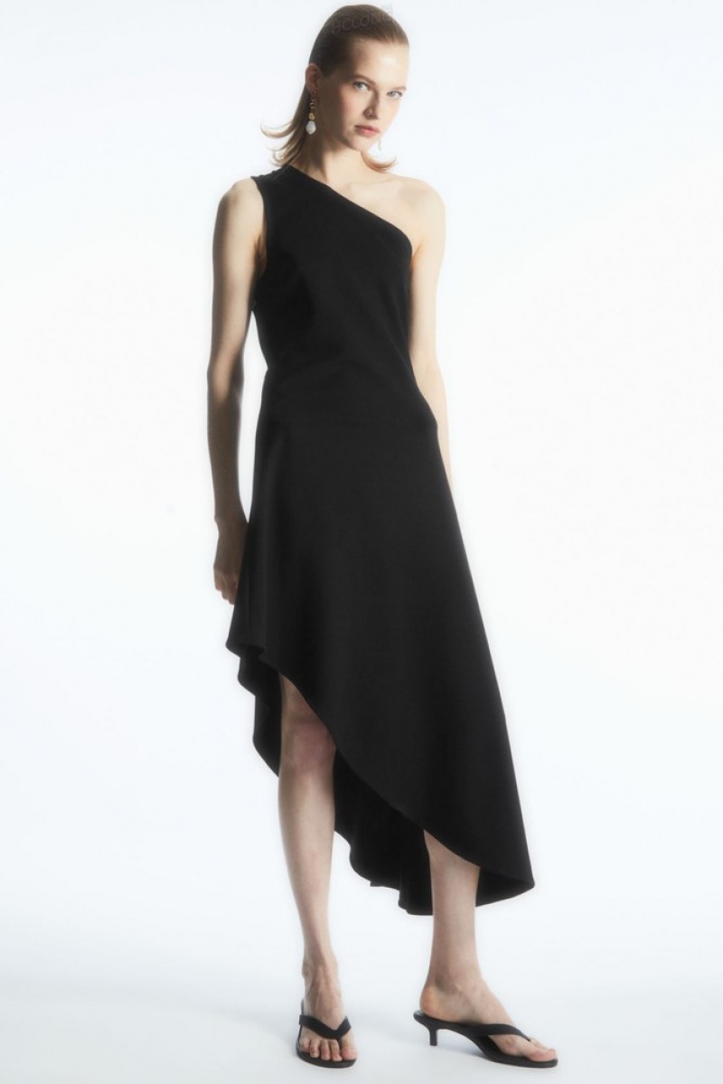 Black COS Asymmetric One-Shoulder Midi Dress | MT50-K3BT