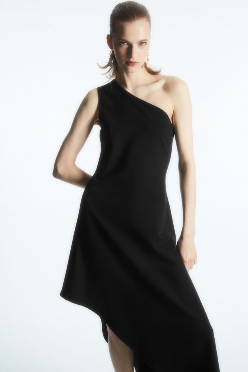 Black COS Asymmetric One-Shoulder Midi Dress | MT50-K3BT