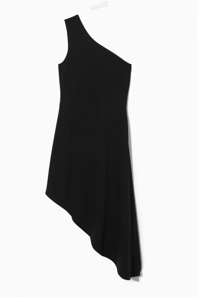 Black COS Asymmetric One-Shoulder Midi Dress | MT50-K3BT