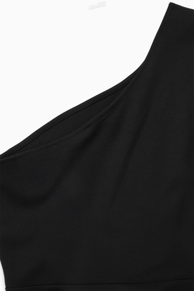 Black COS Asymmetric One-Shoulder Midi Dress | MT50-K3BT