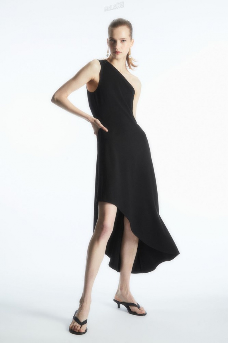 Black COS Asymmetric One-Shoulder Midi Dress | MT50-K3BT