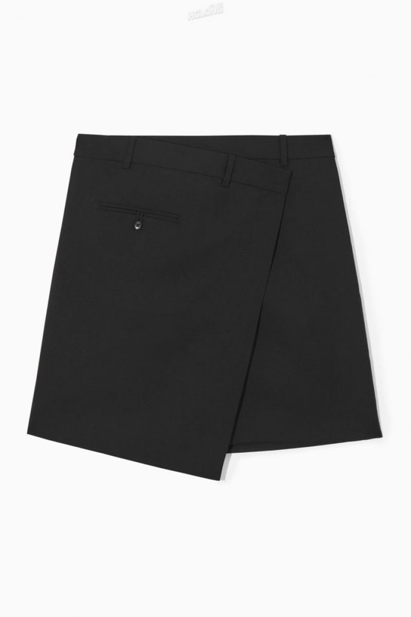 Black COS Asymmetric Wool Mini Wrap Skirt | DP97-A1SS