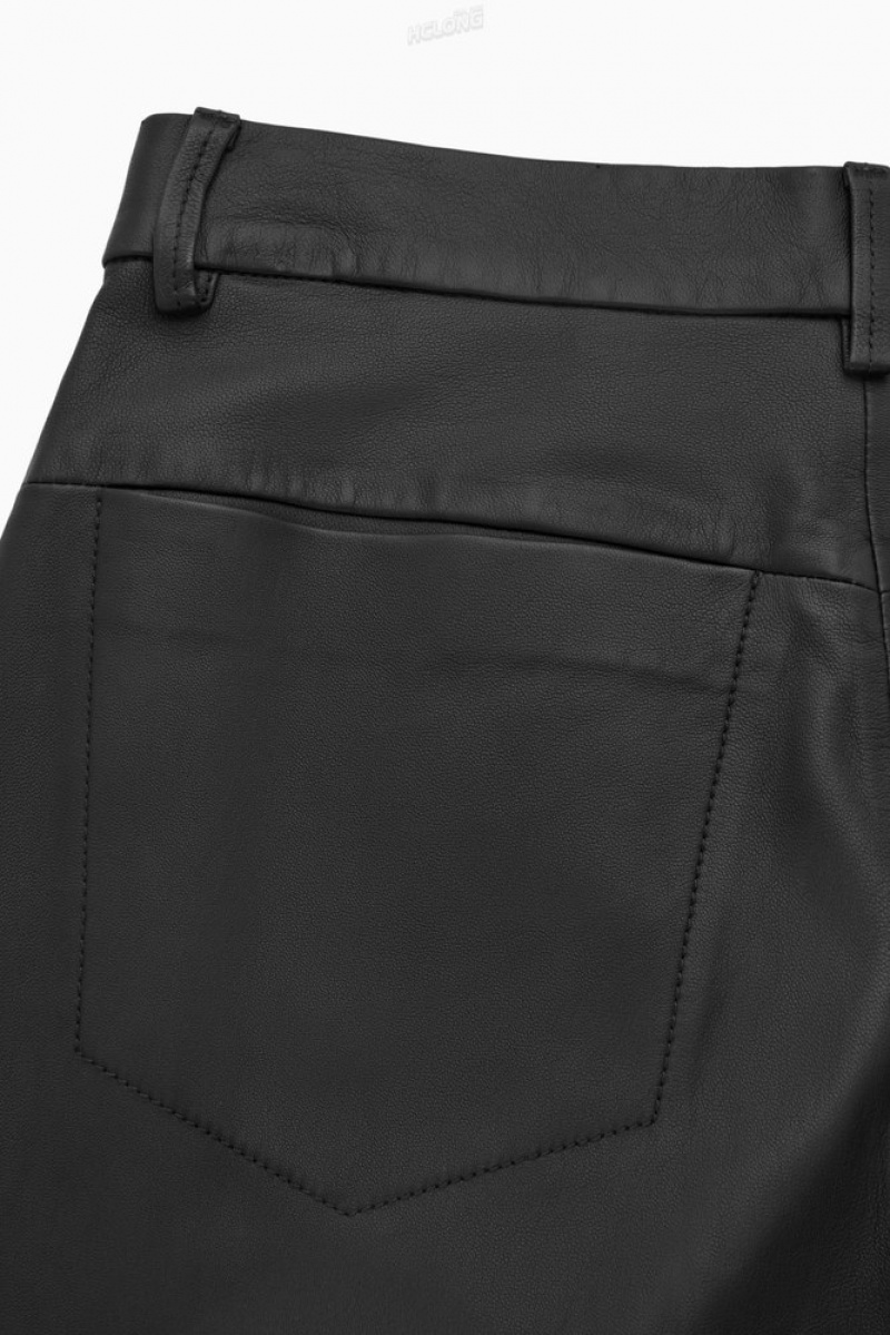 Black COS Barrel-Leg Leather Trousers | OT41-A9QX