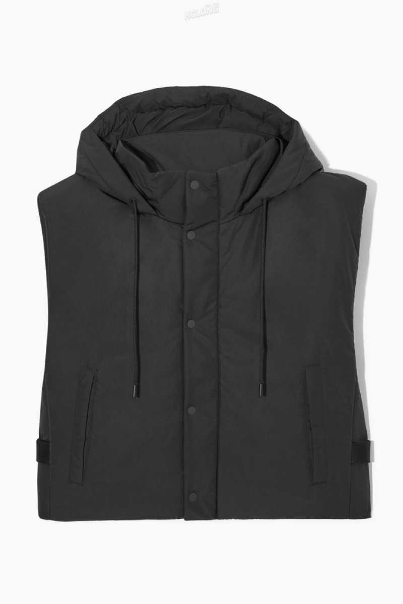 Black COS Buckled-Side Padded Hooded Gilet | PL67-X3ND