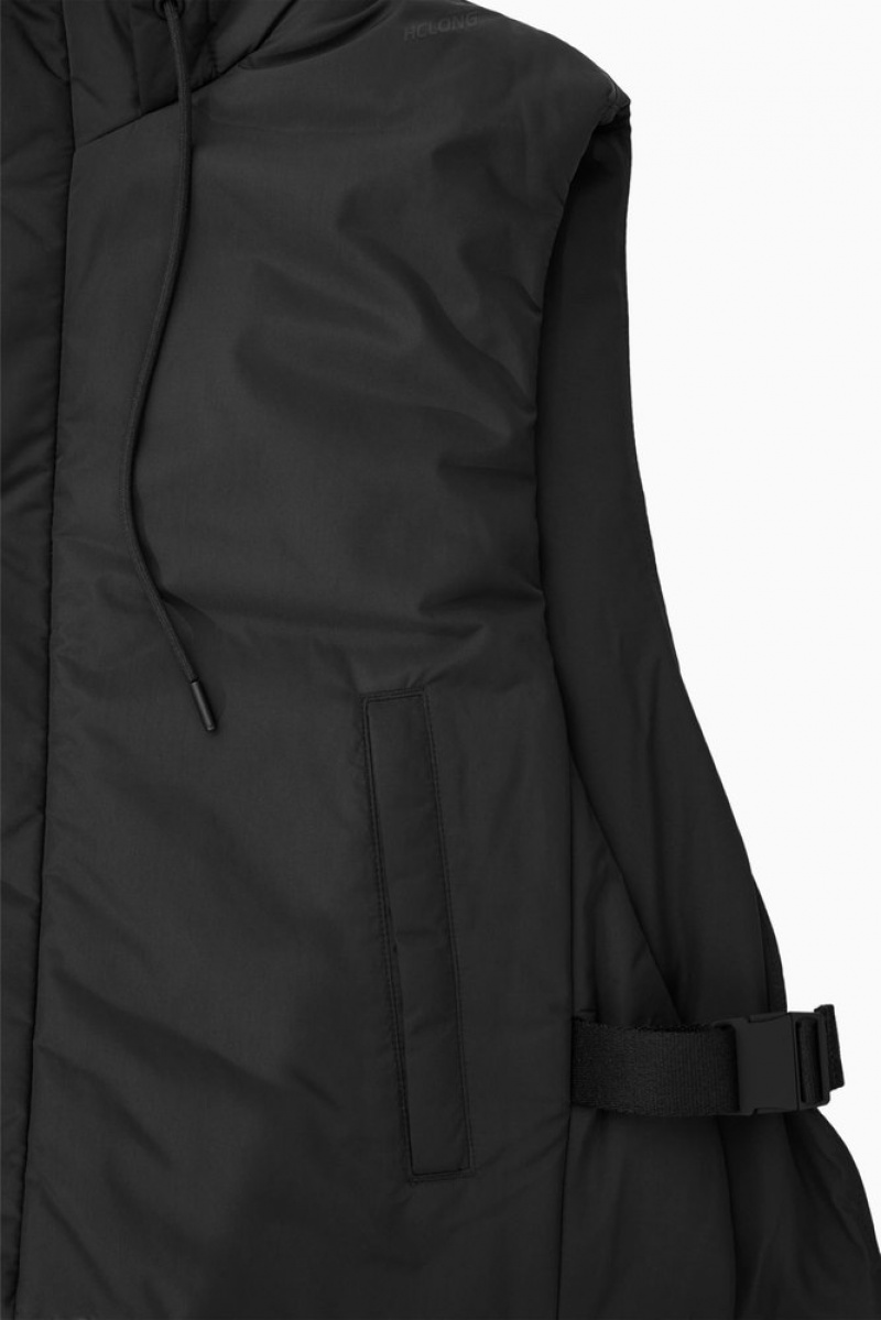 Black COS Buckled-Side Padded Hooded Gilet | PL67-X3ND