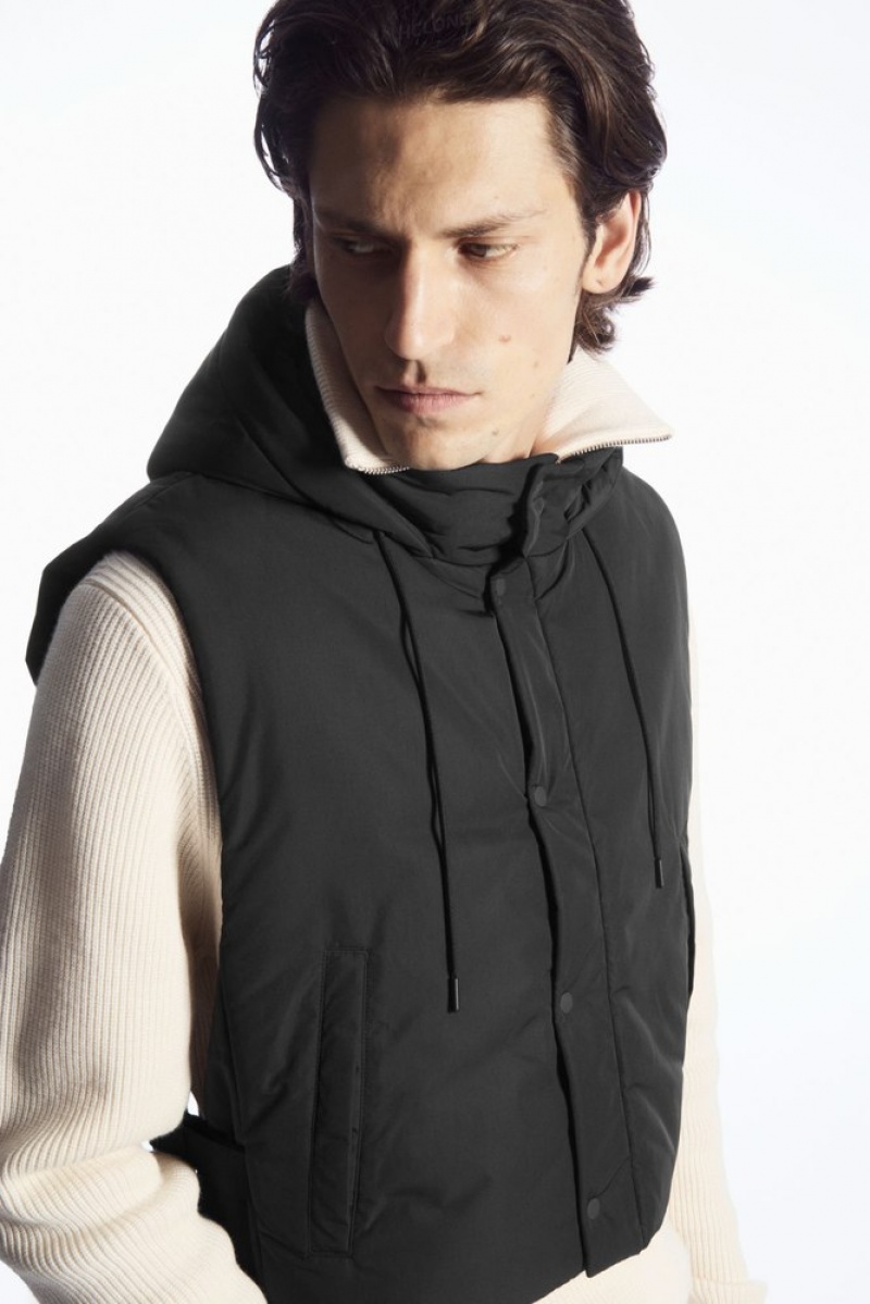 Black COS Buckled-Side Padded Hooded Gilet | PL67-X3ND