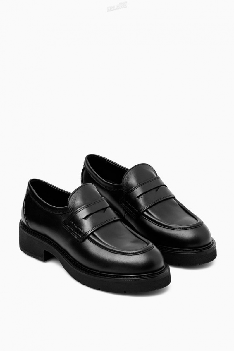 Black COS Chunky Leather Penny Loafers | QR77-J1KV