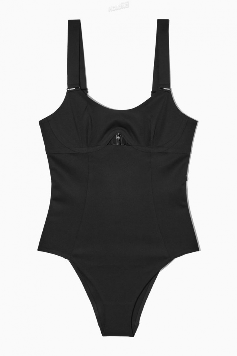 Black COS Cut-Out Scoop-Neck Swimsuit | IO26-W0IQ