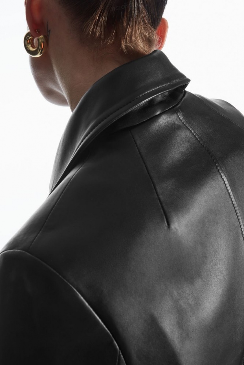 Black COS Double-Breasted Leather Jacket | LE38-G4SJ