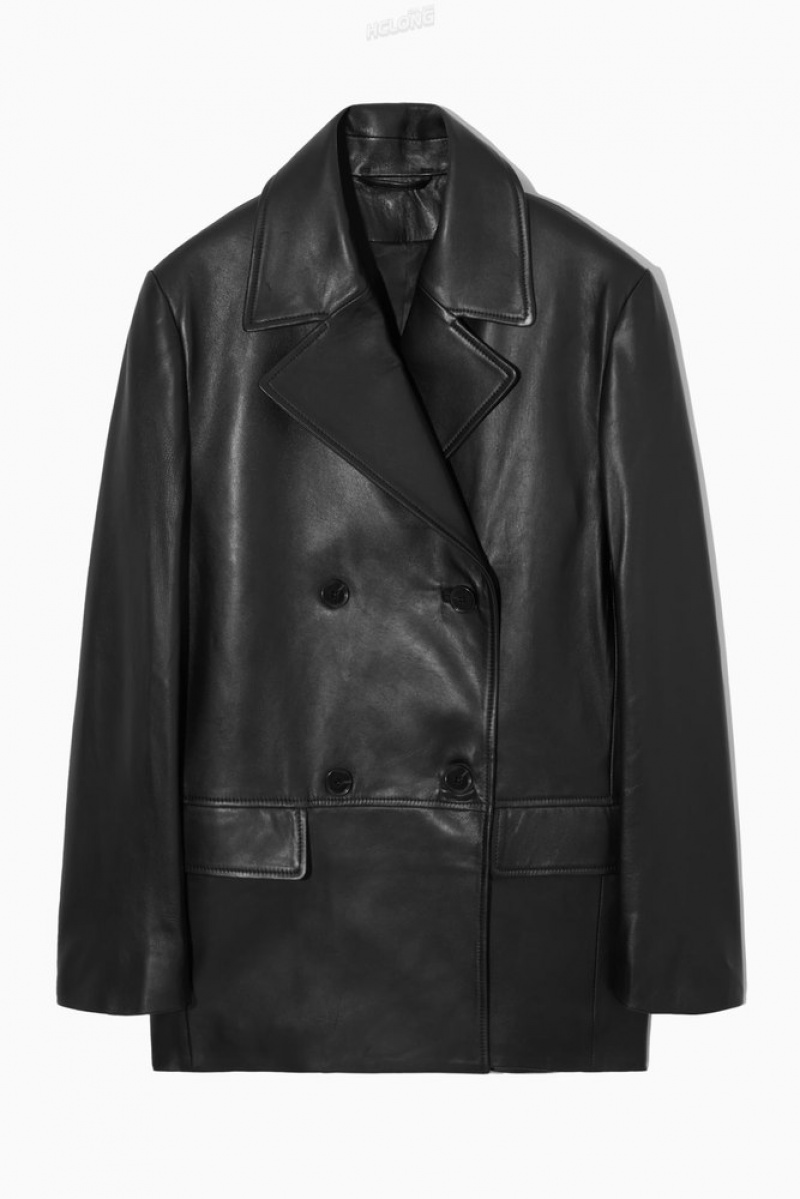 Black COS Double-Breasted Leather Jacket | LE38-G4SJ