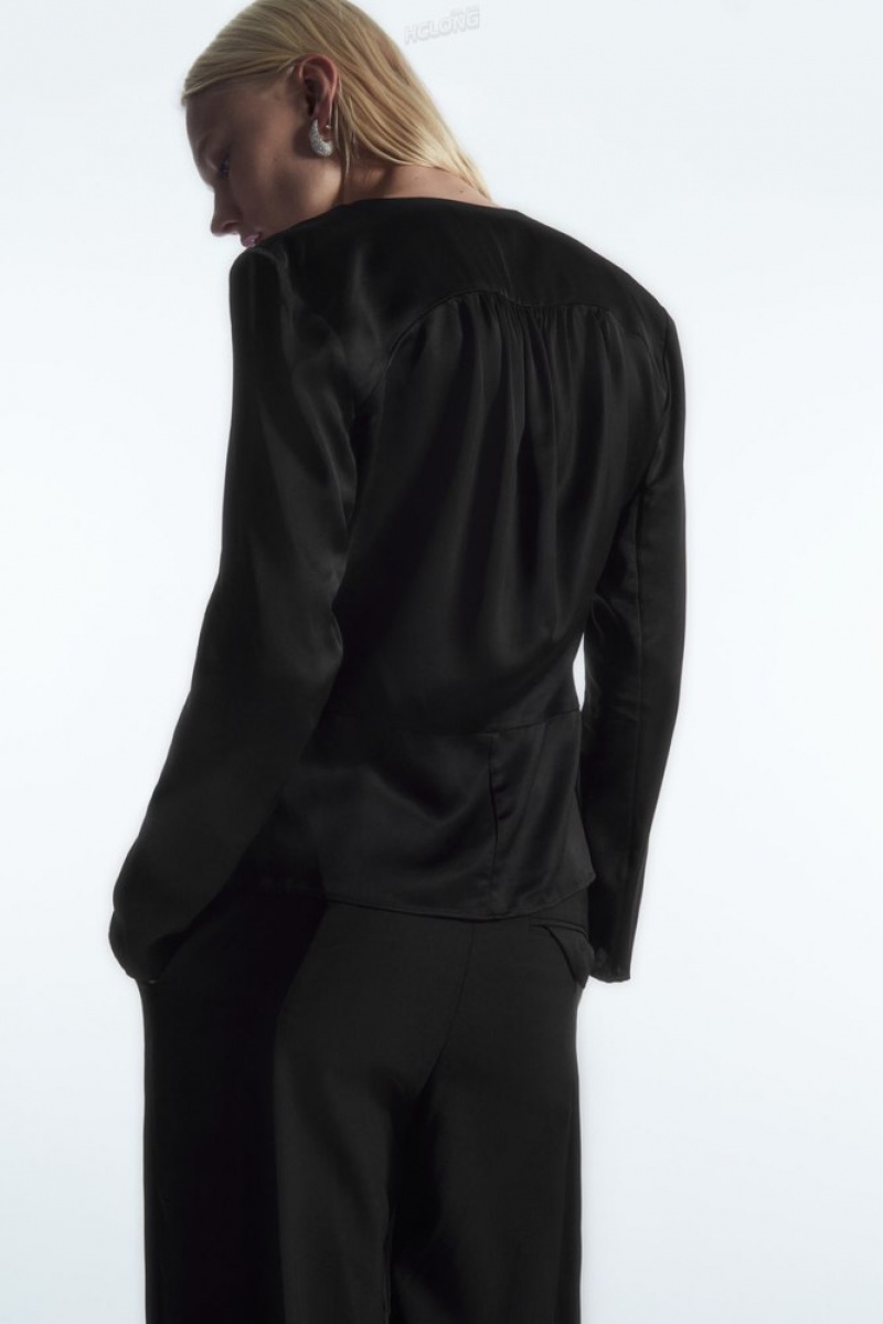 Black COS Draped Cowl-Neck Satin Top | QY05-F3MQ