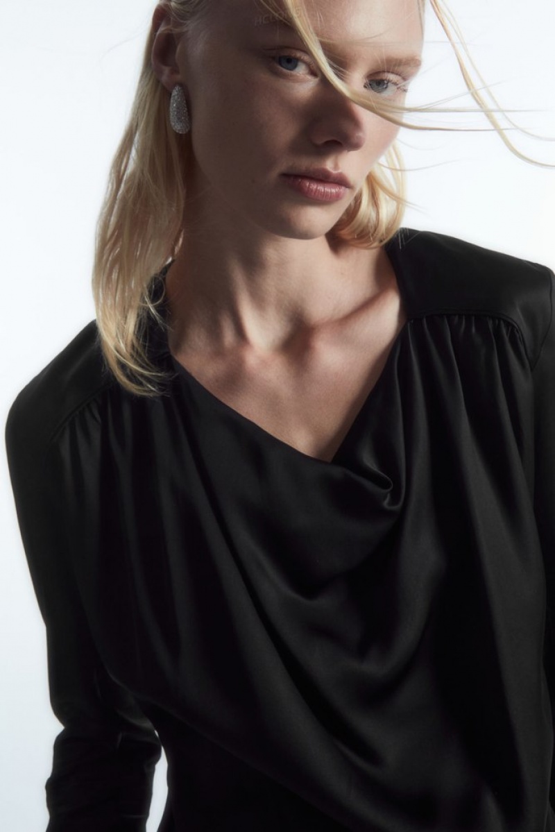 Black COS Draped Cowl-Neck Satin Top | QY05-F3MQ