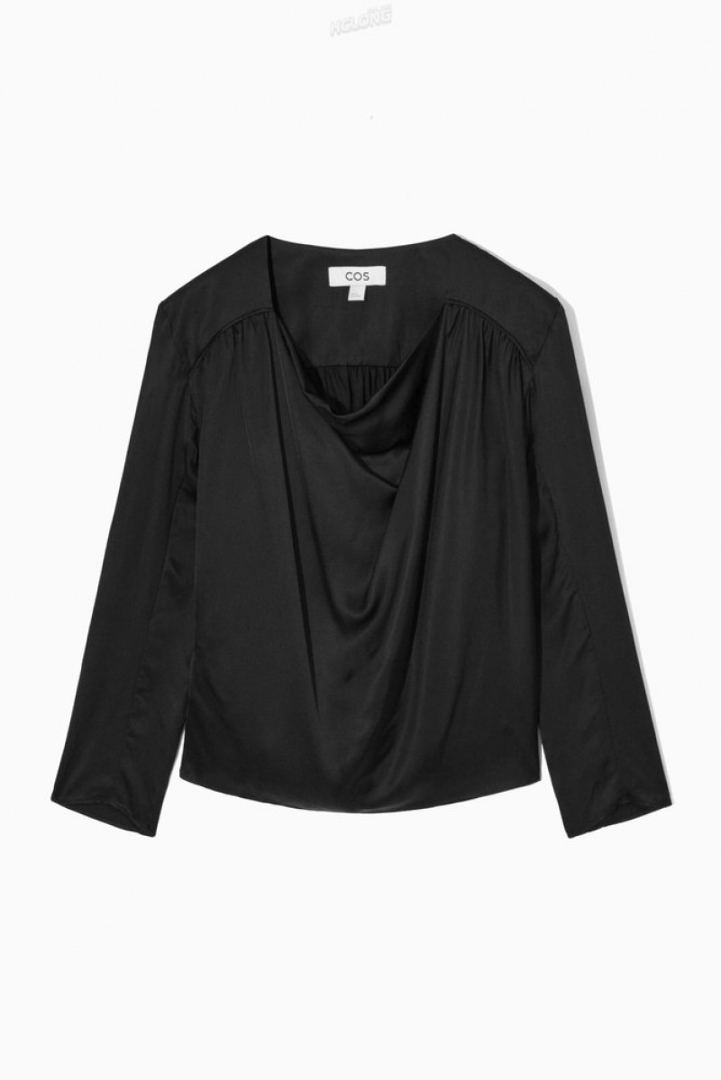 Black COS Draped Cowl-Neck Satin Top | QY05-F3MQ