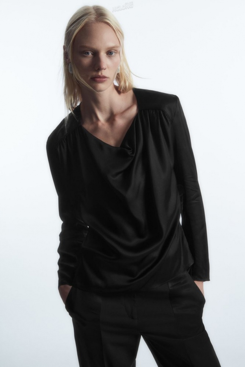 Black COS Draped Cowl-Neck Satin Top | QY05-F3MQ