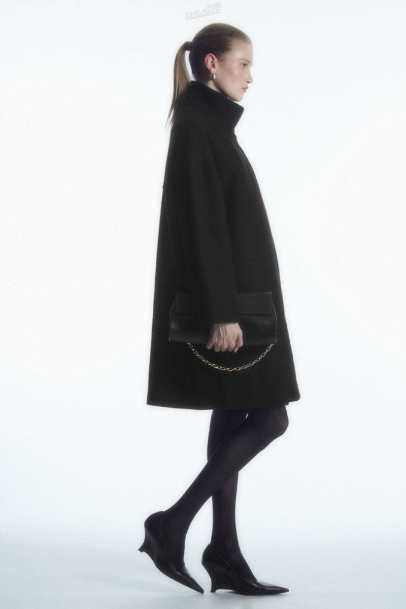 Black COS Funnel-Neck Boiled-Wool Coat | XY58-Y0GE