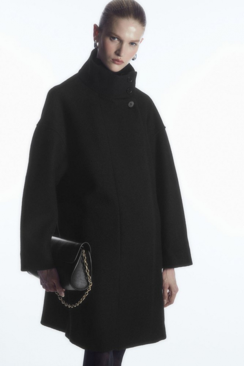 Black COS Funnel-Neck Boiled-Wool Coat | XY58-Y0GE