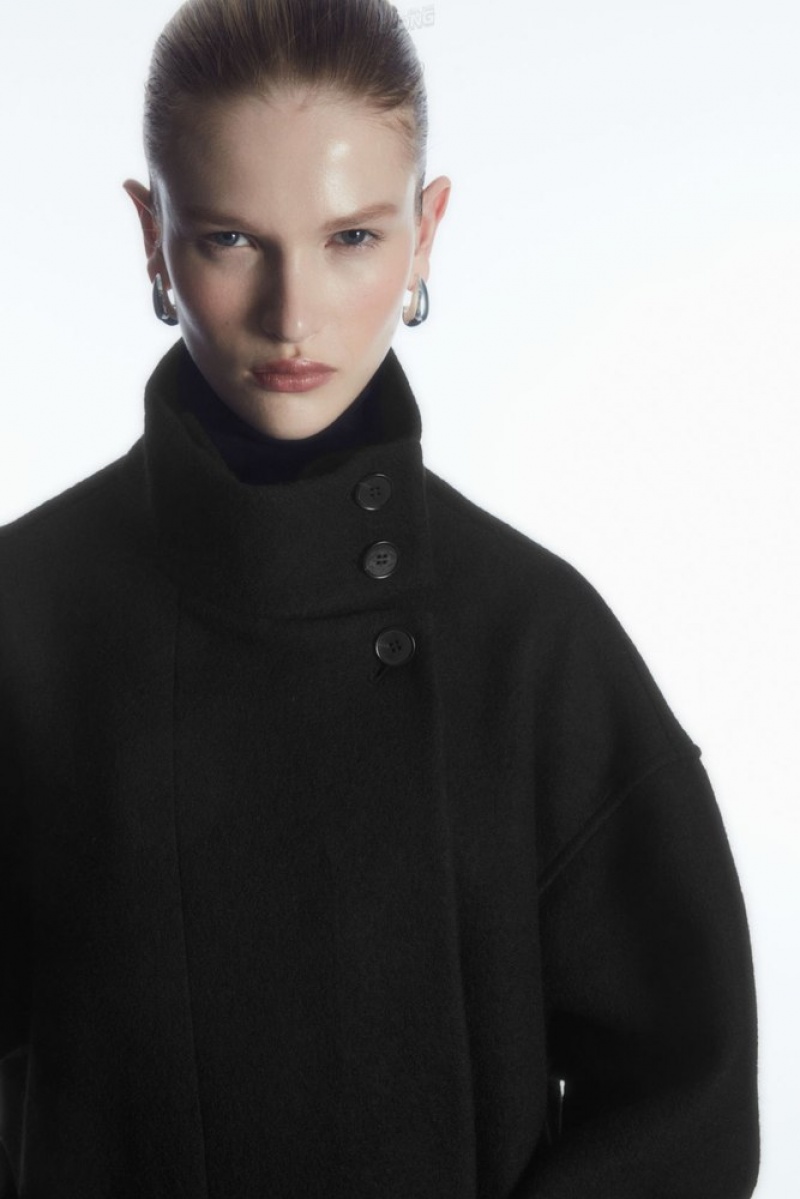 Black COS Funnel-Neck Boiled-Wool Coat | XY58-Y0GE