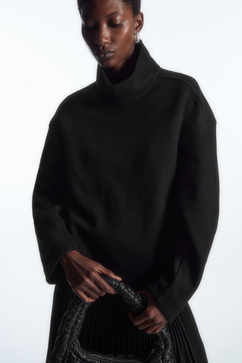 Black COS Funnel-Neck Boiled Wool Top | NV29-V0YI