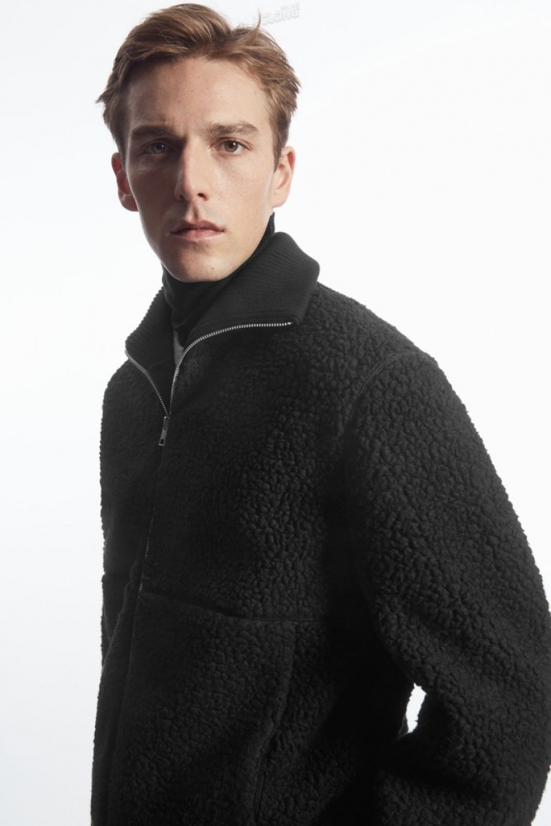 Black COS Funnel-Neck Teddy Jacket | JF85-J8HW