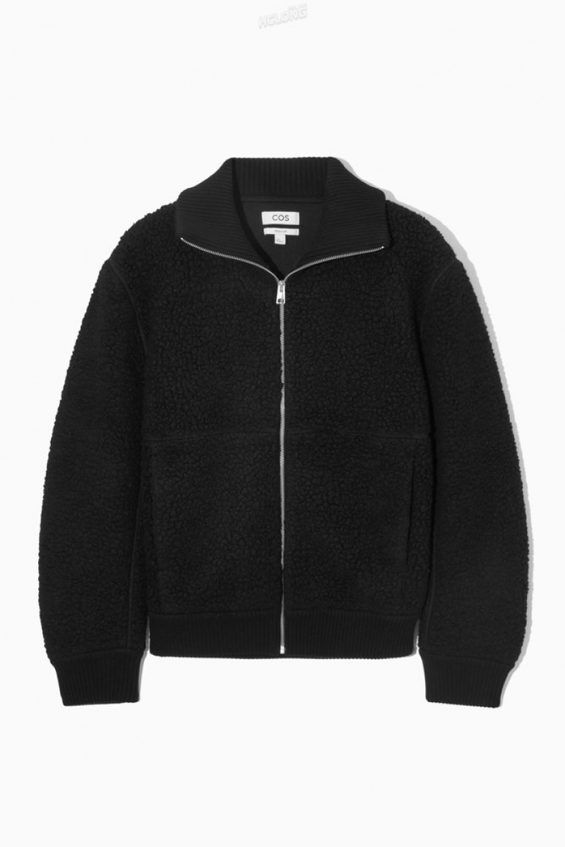 Black COS Funnel-Neck Teddy Jacket | JF85-J8HW