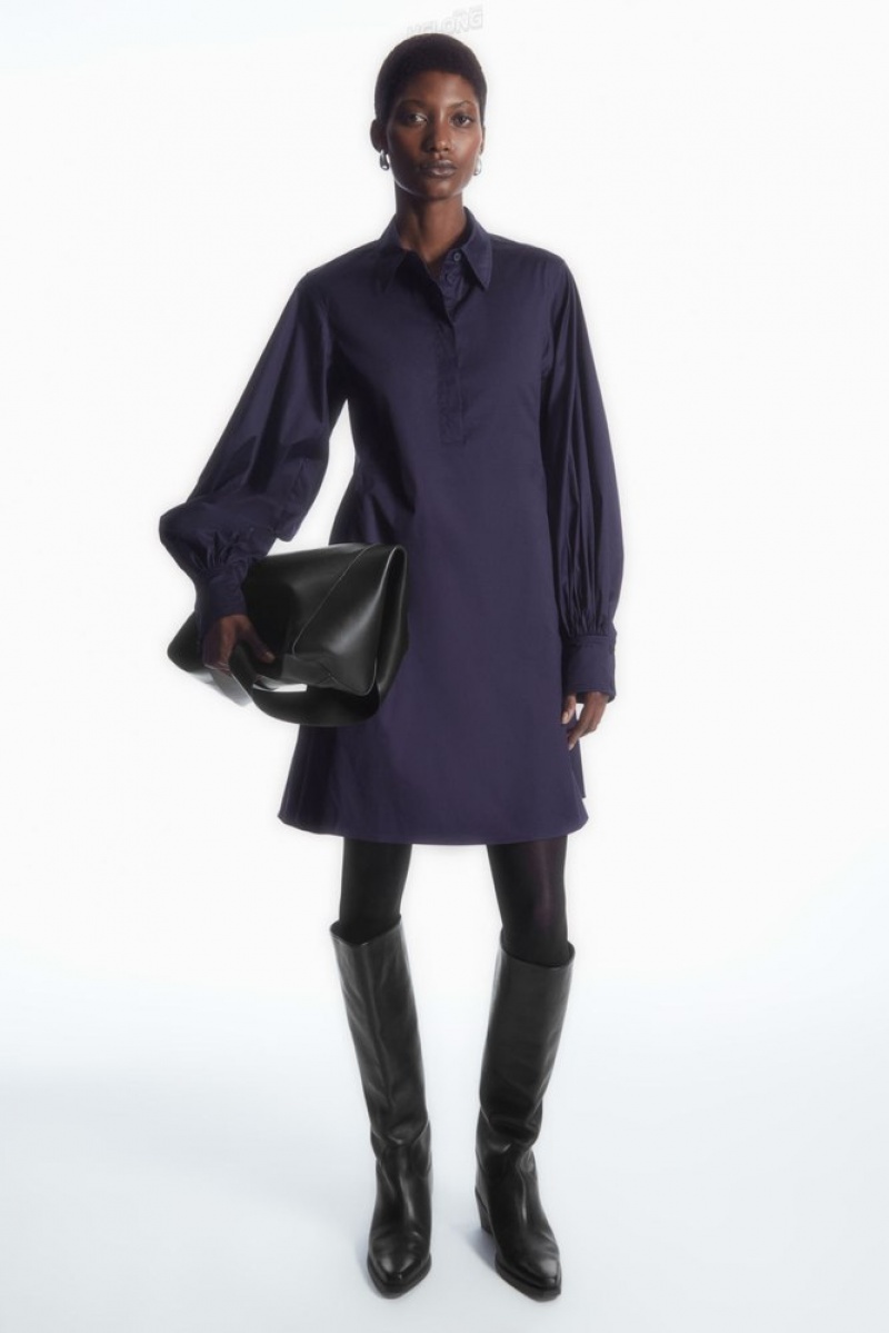 Black COS Gathered-Sleeve Mini Shirt Dress | LI27-U3AH