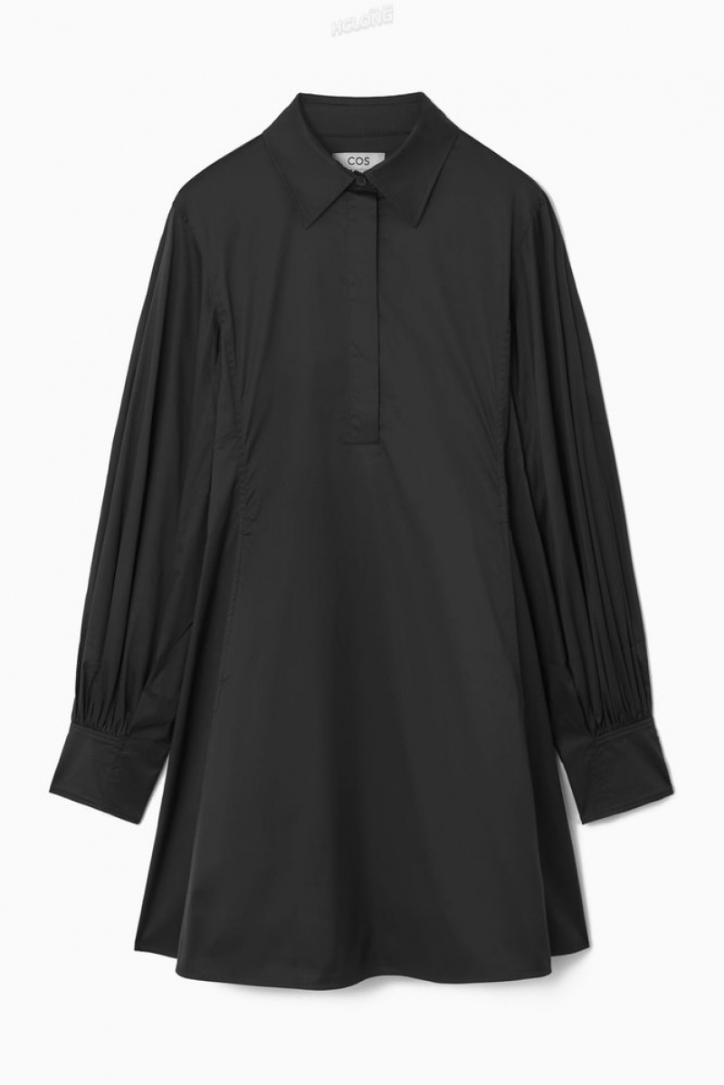 Black COS Gathered-Sleeve Mini Shirt Dress | GN94-T1QS