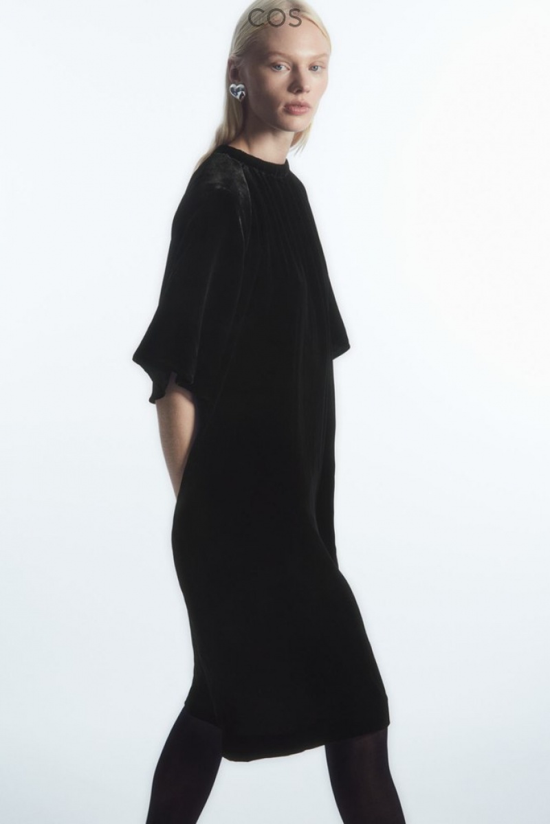 Black COS Gathered Silk-Blend Velvet Midi Dress | NX03-T3NZ