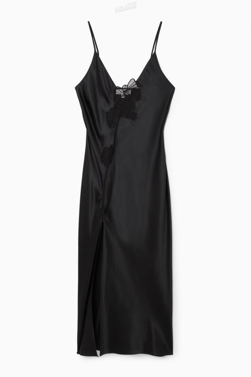 Black COS Lace-Paneled Silk Slip Dress | UB12-E7DF