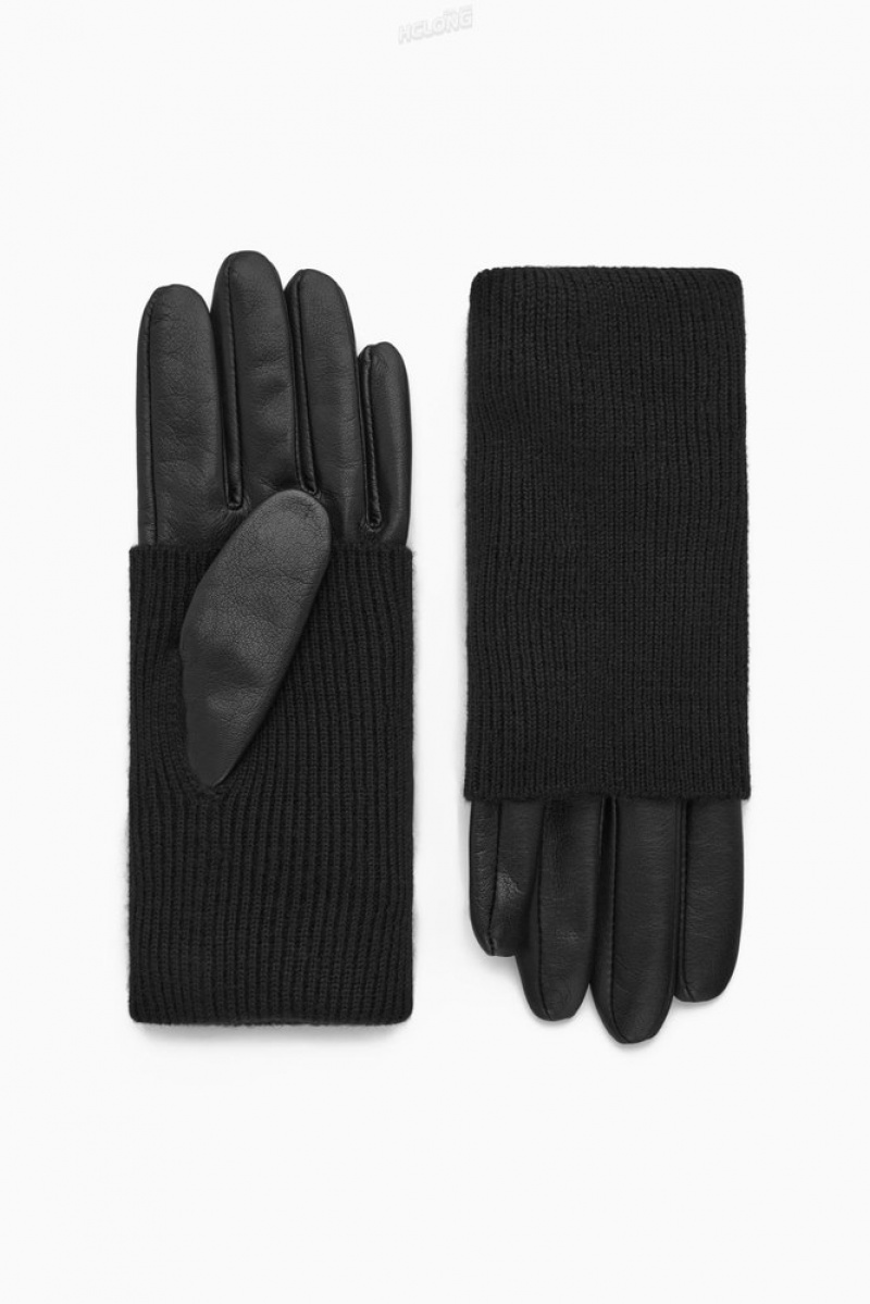 Black COS Layered Leather Gloves | UM57-D1JW