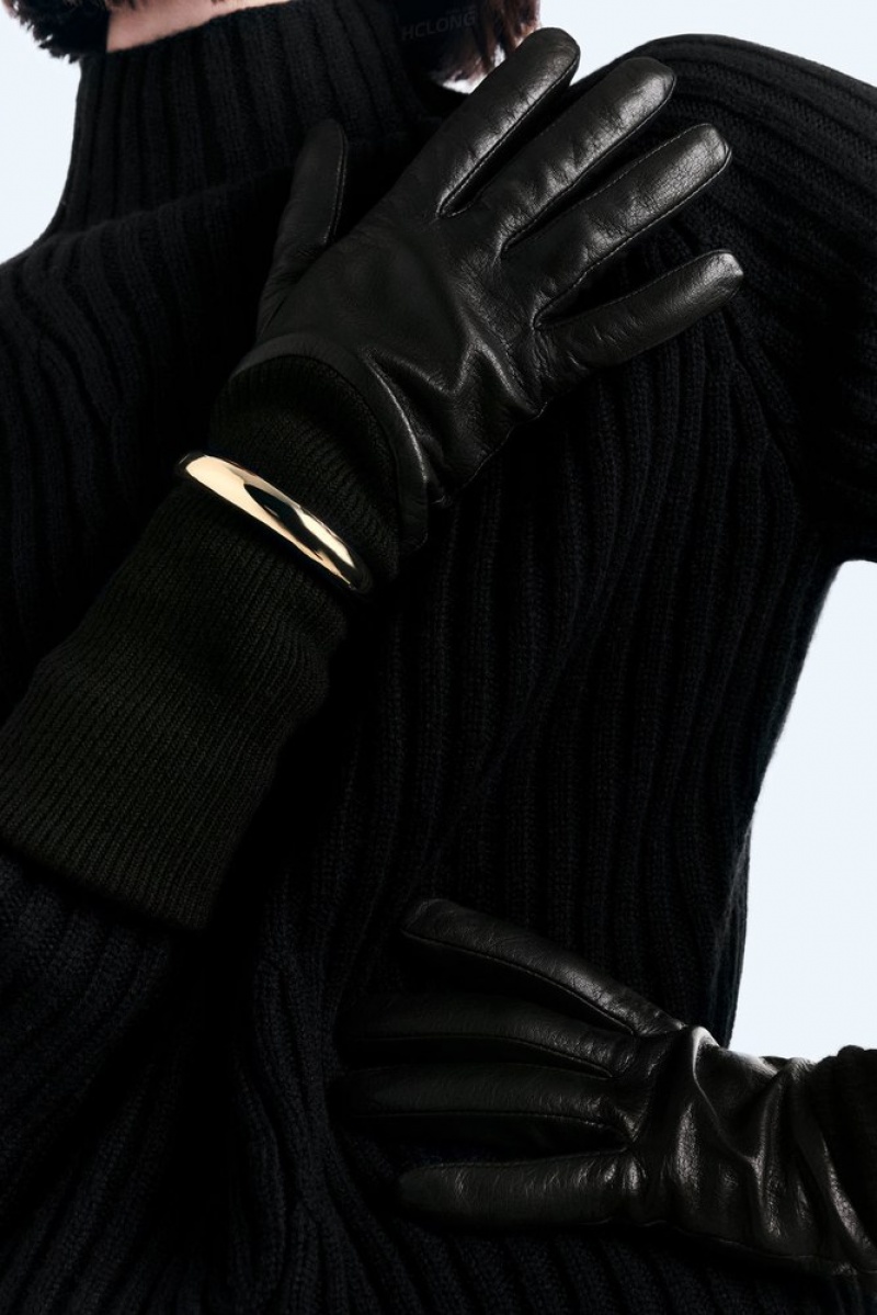 Black COS Layered Leather Gloves | UM57-D1JW