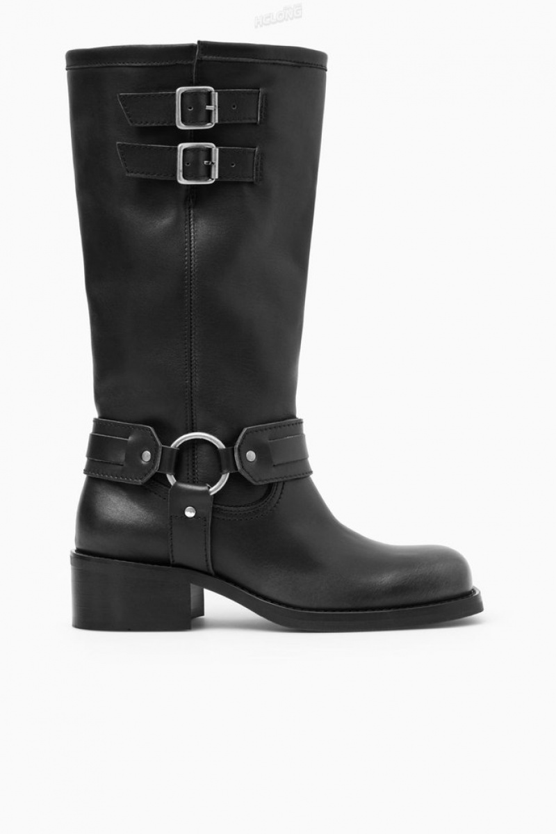 Black COS Leather Biker Boots | LE67-K9FS