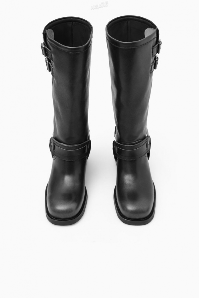 Black COS Leather Biker Boots | LE67-K9FS