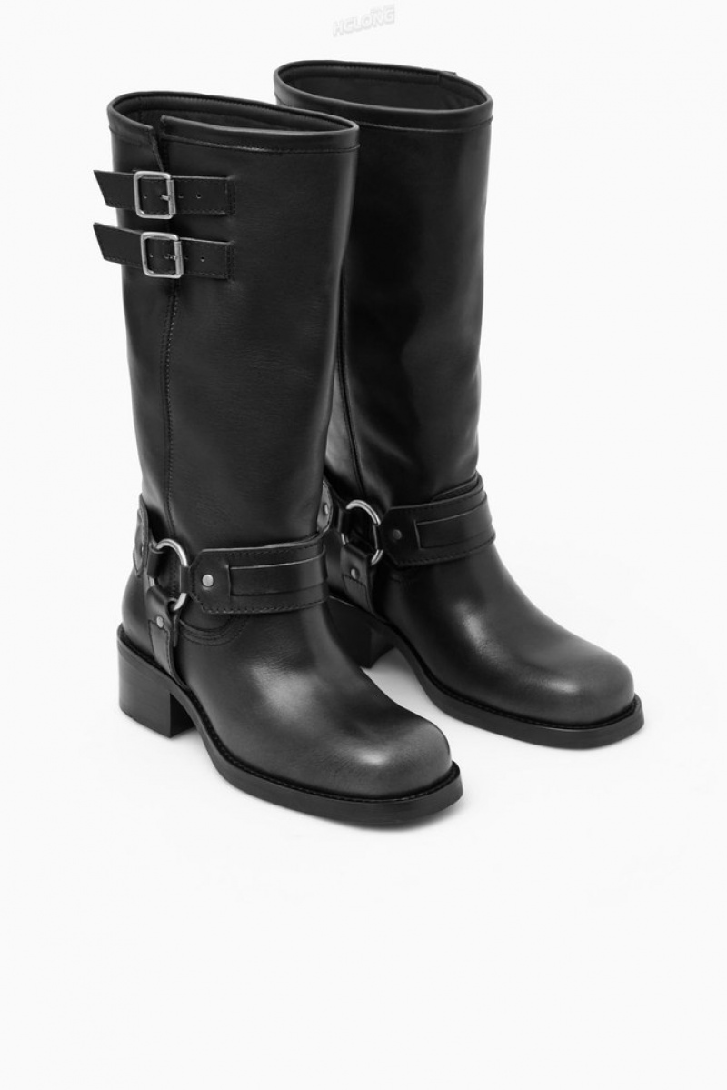 Black COS Leather Biker Boots | LE67-K9FS