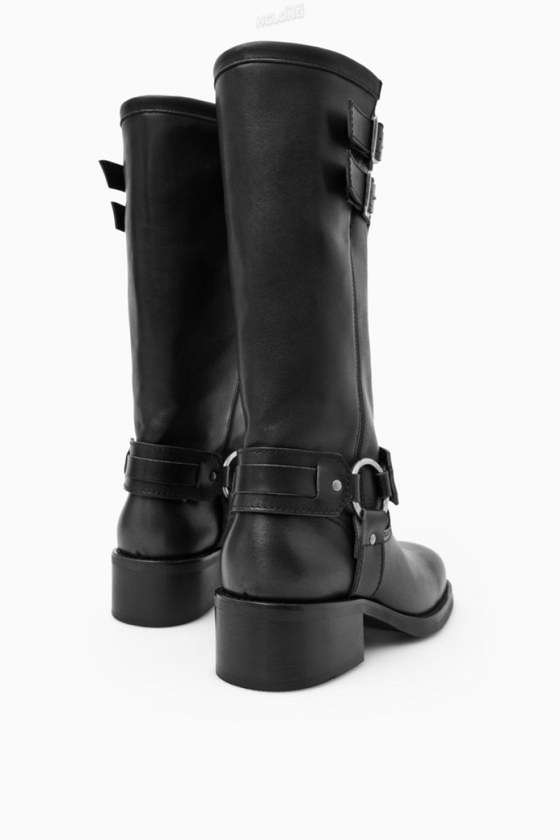 Black COS Leather Biker Boots | LE67-K9FS