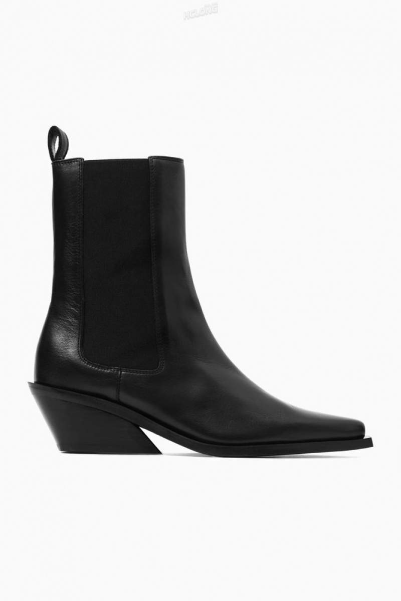 Black COS Leather Cowboy Chelsea Boots | SP97-F9HQ