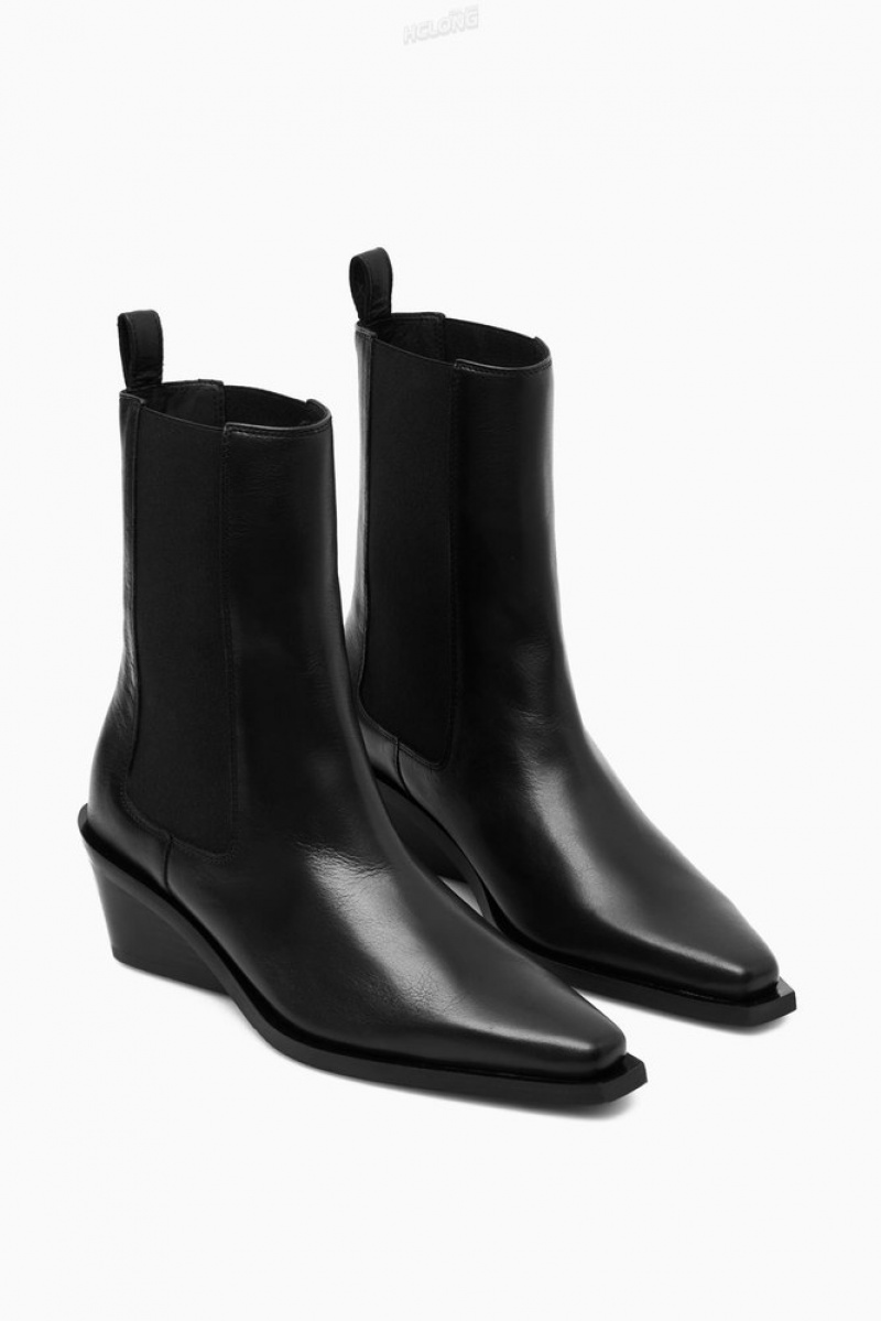 Black COS Leather Cowboy Chelsea Boots | SP97-F9HQ