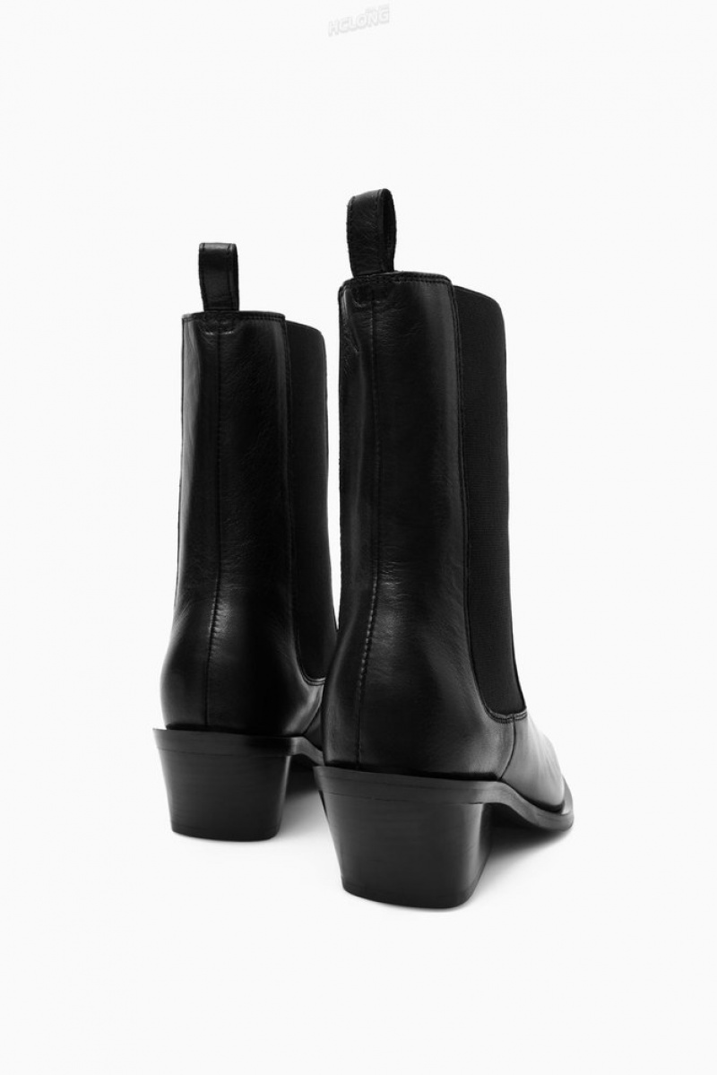 Black COS Leather Cowboy Chelsea Boots | SP97-F9HQ