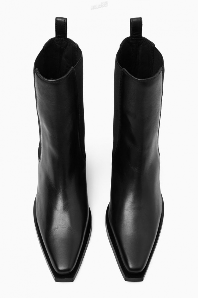 Black COS Leather Cowboy Chelsea Boots | SP97-F9HQ