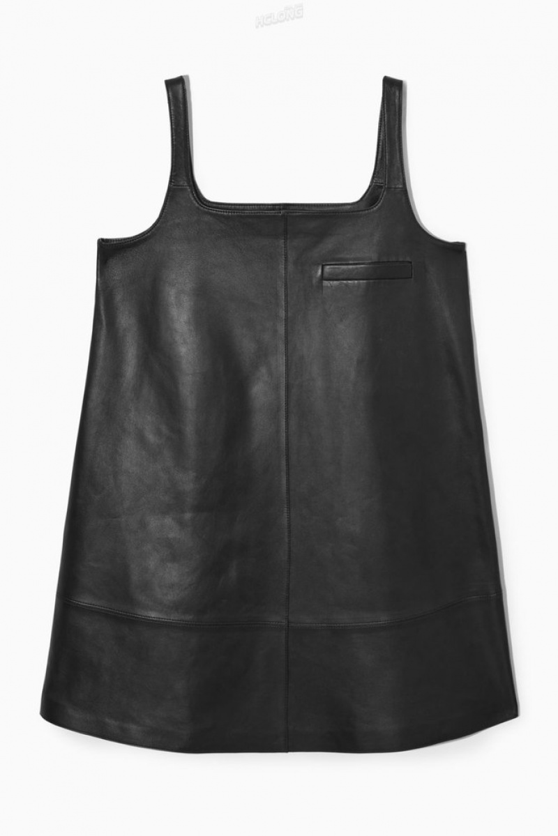 Black COS Leather Mini Pinafore Dress | YG07-P5FK