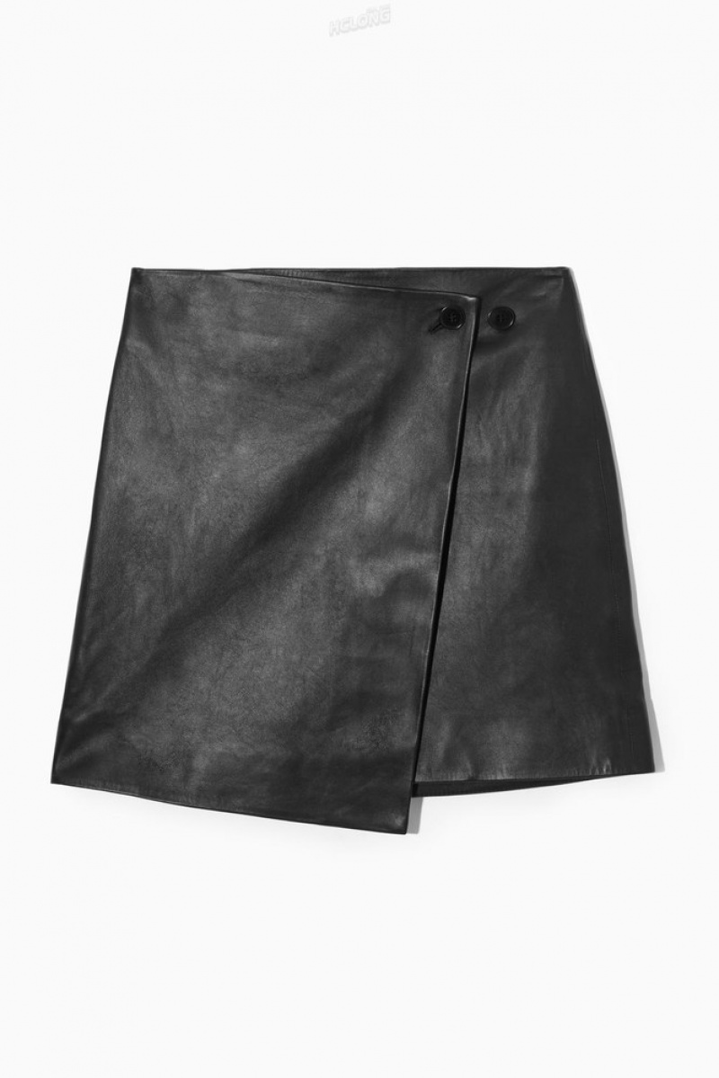 Black COS Leather Mini Wrap Skirt | OO11-H4SY