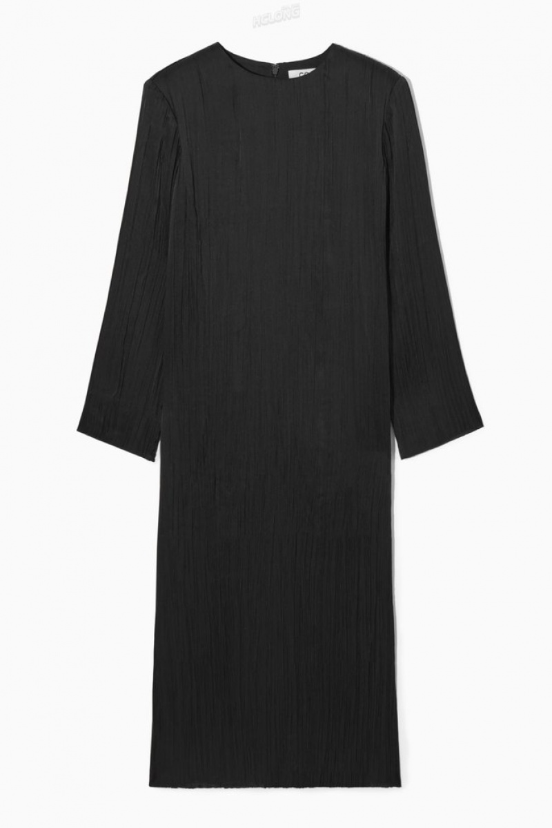 Black COS Long-Sleeved Plissé Midi Dress | IT40-S2QA